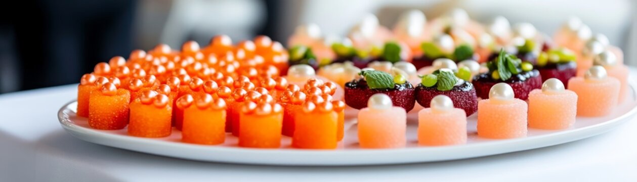 Platter of vibrant mini desserts sparkling orange cylinders with metallic accents, deep red berry-mint delights and pearled peach treats. Elegant catering display. Confectionery, Bites