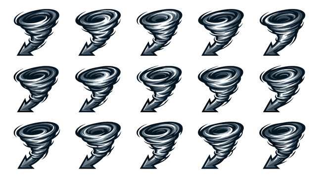 Collection of tornado icons in a realistic style for weather graphics