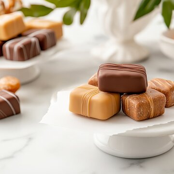 Stacked artisanal gourmet chocolates and caramels on a white pedestal, an elegant sweet indulgence on marble. Confections, Treats