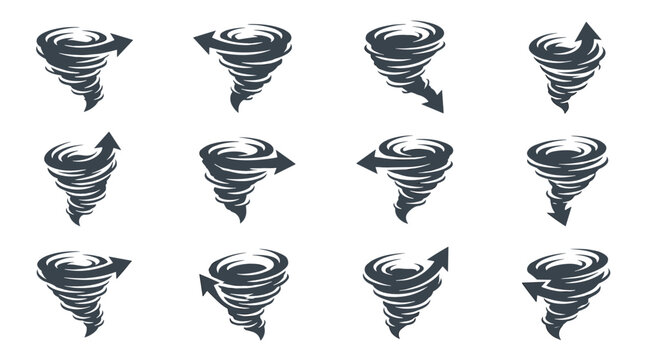 Collection of tornado icons in various swirling shapes and sizes