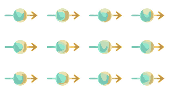 Set of 12 cartoonstyle globes with arrows illustrating global movement