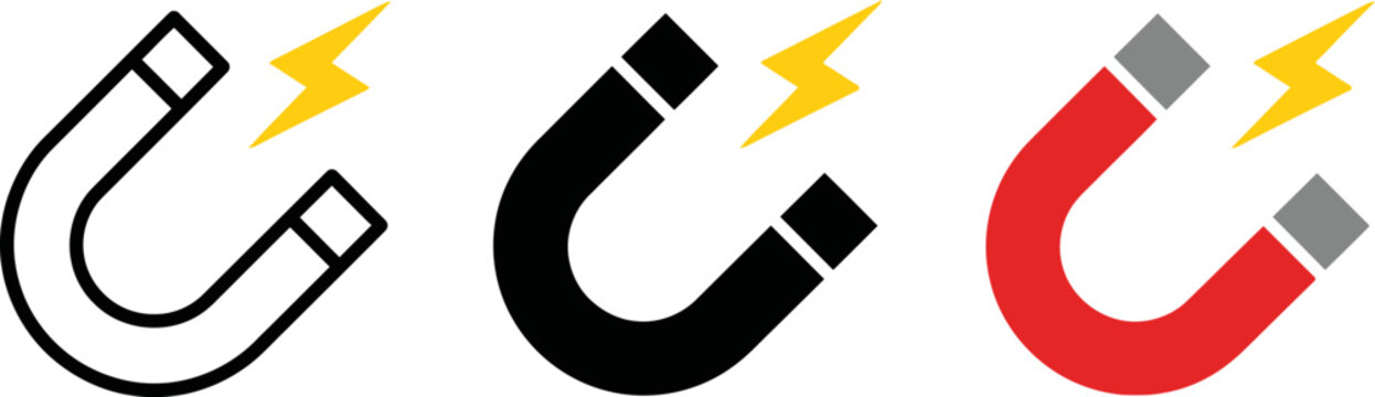 Horseshoe magnets with lightning bolts on transparent background