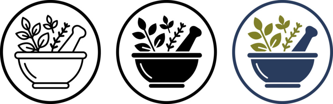 Herbal medicine mortar and pestle icons in circles on white background