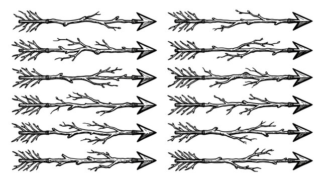 Set of decorative arrows with intricate branch and feather designs