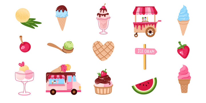 Ice cream and desserts set. Summer collection with waffle cones, spoons, cupcakes, fruits and berries. Vector illustration of a shop truck.