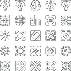 Fototapeta premium Graphic design and artificial intelligence icons, 25 vector line elements for digital art tools, AI technology and creative software symbols