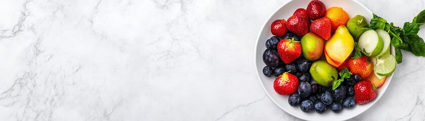 Fototapeta premium Vibrant assorted fresh fruits strawberries, blueberries, mangoes, plums, lime in a white bowl on marble, top view. Healthy eating concept banner with bright colors and copy space.,