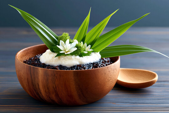 Authentic Indonesian bubur ketan hitam served in a wooden bowl, topped with coconut cream, pandan leaves, and edible flowers, placed on a wooden surface