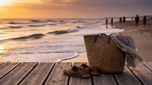 Woven beach bag and leather sandals resting on wooden boardwalk overlooking ocean shore with gentle waves and people walking at sunset on coastal horizon