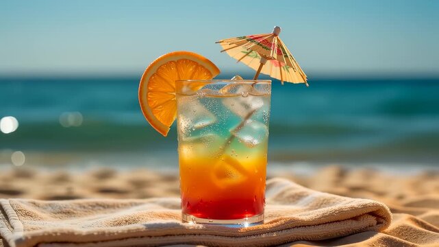 Tropical cocktail glass sitting on folded towel on sandy beach by ocean with orange slice and umbrella