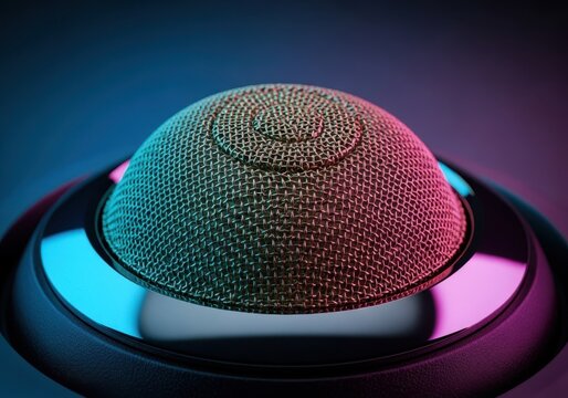 Detailed close up view of a sophisticated audio component tweeter speaker cone and protective mesh structure designed for high frequency sound reproduction, clarity, installation, acoustics