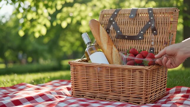 Picnic basket with wine baguette and strawberries on red and white checkered blanket with hand reaching in in sunlit park under leafy trees