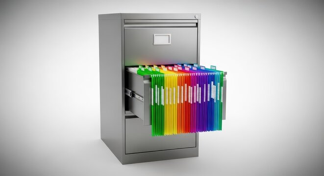 Gray metal office filing cabinet with a drawer slightly open, showing multicolored archival hanging folders for business documents, retrieval, gray, tab