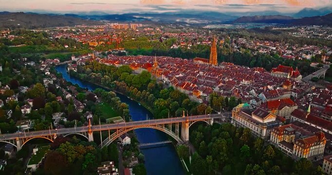 Aerial view over the city of Bern the capital city of Switzerland the historic district from above. Bern old town. The historic buildings in the city center
