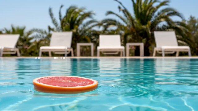 Grapefruit slice floating and bobbing on turquoise swimming pool water with lounge chairs and palm plants at sunny resort pool deck