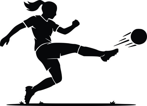 Dynamic black and white vector illustration of a female athlete kicking a soccer ball with force and speed