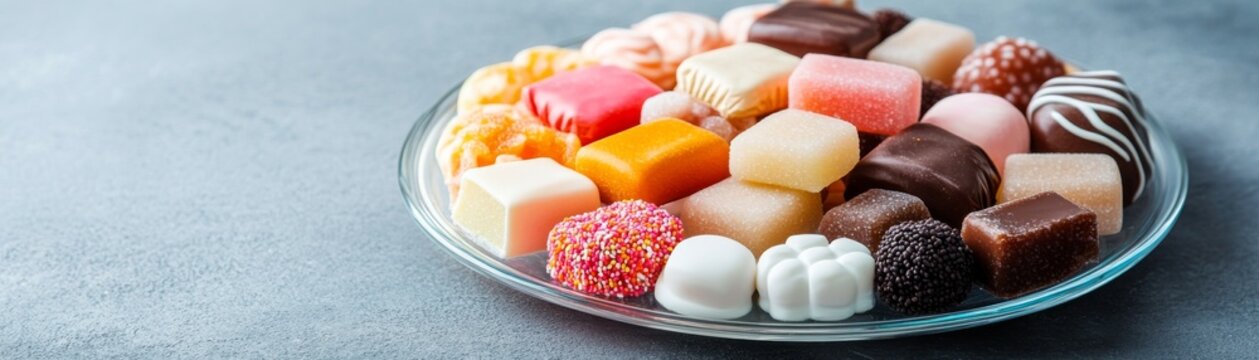 Vibrant, assorted gourmet candies like jelly, chocolate and marzipan, artfully displayed on a clear glass plate against a grey textured background. Sweet mix closeup. ,Sweetness