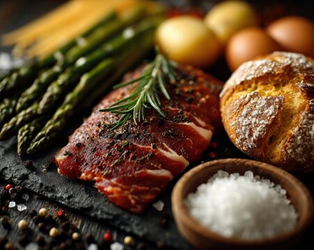 Table full of food products for complete diet and nutrition, Italian-style sfondo cibo layout