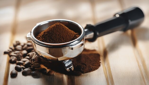 Ground coffee in Kelle, morning still life, golden hour light, AI generated