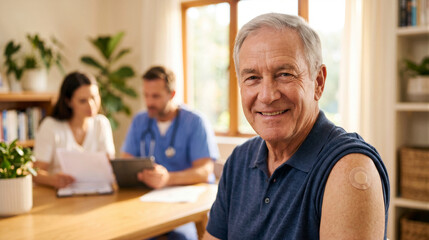 Fototapeta premium Senior man with a medical patch on his arm smiling at the camera during a home visit with a doctor and a caregiver