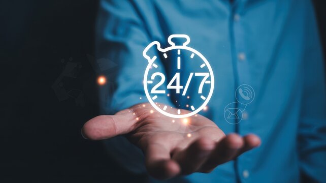 Close up of hand holding glowing twenty four seven clock icon for full time customer support and service availability.