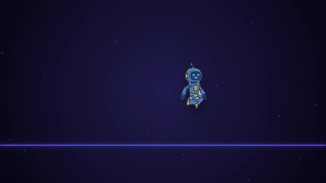 Animated robot walking on a blue line.