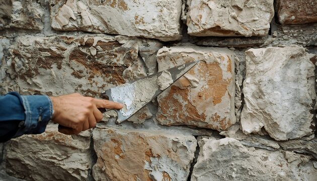 A close-up of a hand using a trowel to apply mortar to repair the weathered stonework of an old building's exterior wall.