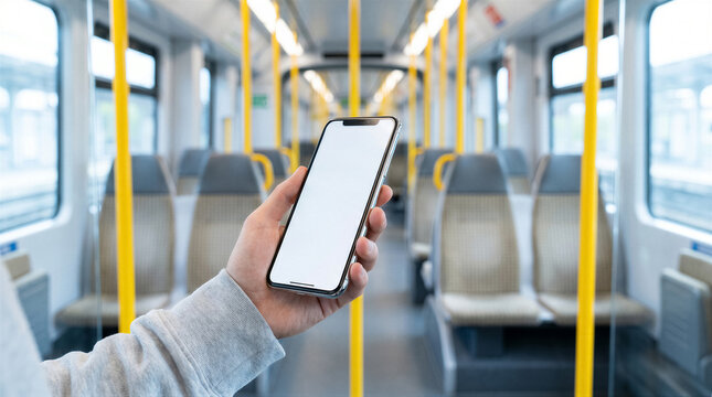 Closeup of a person holding a smartphone with a blank white screen inside a modern train carriage with yellow poles and empty seats