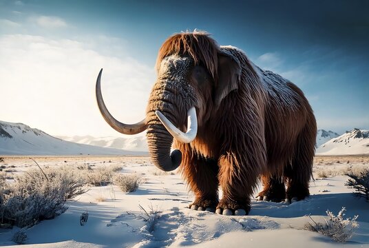 A mammoth (Mammuthus) in the prehistoric cold steppe tundra, extinct genus of elephants, symbolic image extinction of species, animal world, primeval, ice age, woolly mammoth, AI generated, AI generated