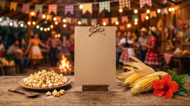 Festa junina celebration background with blank menu sign, popcorn, corn, and hibiscus flower on a rustic wooden table