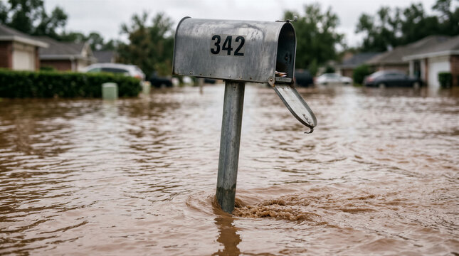 A mailbox with the number 342 stands in the middle of a flooded residential street during a natural disaster or heavy storm