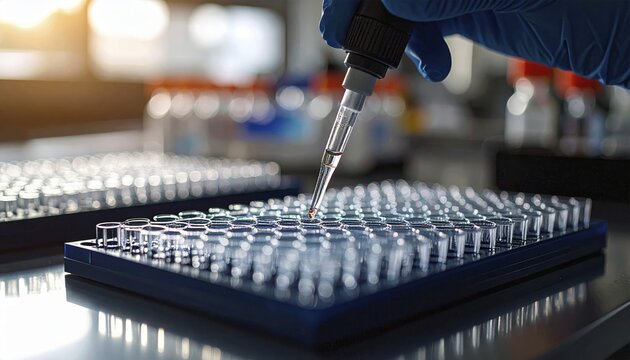 Pipette hovers over a dark blue assay plate amid blurred reagent bottles, Pipette dispensing a liquid onto a multi-well plate in a clean laboratory, close up of medical equipment with blurred laboratory background, science, technology and health concept, AI generated