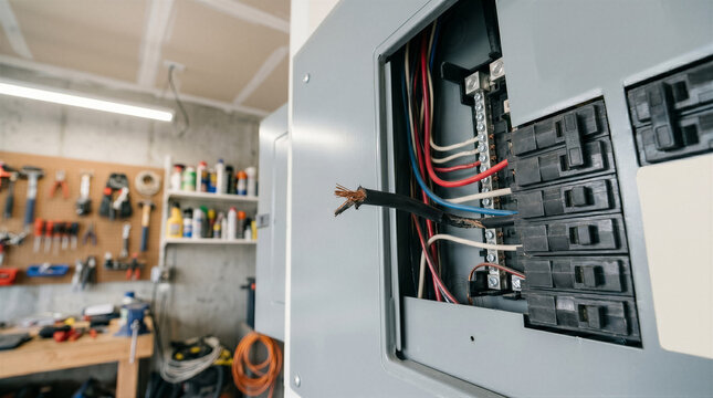 Open electrical breaker panel box with exposed wires in a residential garage workshop setting