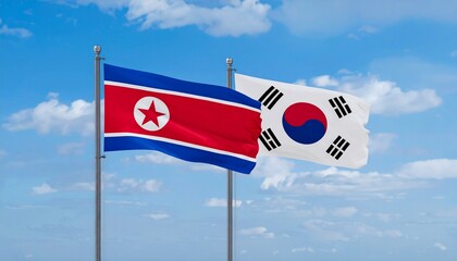 Naklejka premium North Korea and South Korea flags side by side, symbolizing shared history, cultural ties, and political division.
