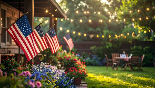 Festive garden patio with American pennant flags, string lights, and flowers, symbolizing patriotic celebration and community gathering.
