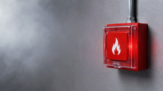 Emergency Fire Alarm Button on Industrial Wall with Flame Pictogram