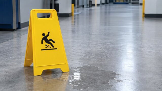 Wet Floor Warning Sign on Industrial Corridor with Slip Hazard Pictogram