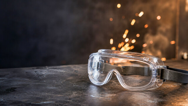 Protective Safety Goggles on Industrial Workbench with Metal Sparks