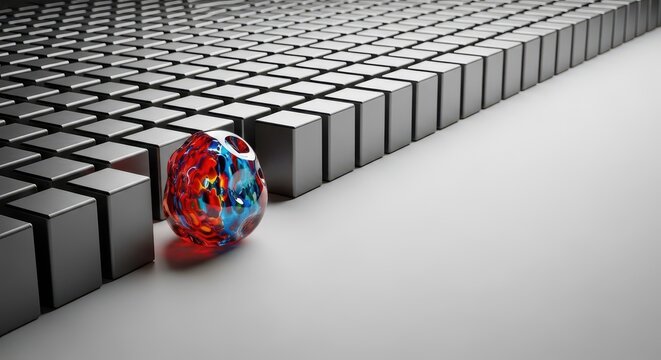 A striking visual metaphor for nonconformity, featuring a singular object that is dramatically different from a large, organized group of identical shapes, row, contrasting, deviation