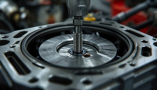 A tool is screwing into the central mechanism of a car engine cylinder block during a detailed repair or assembly process.