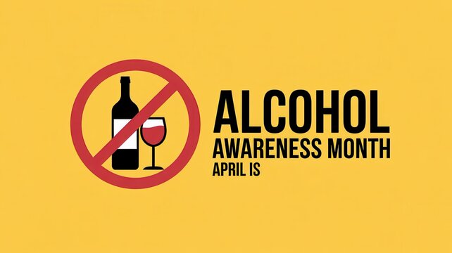 Alcohol Awareness Month banner with bottle and glass in prohibition sign on yellow background