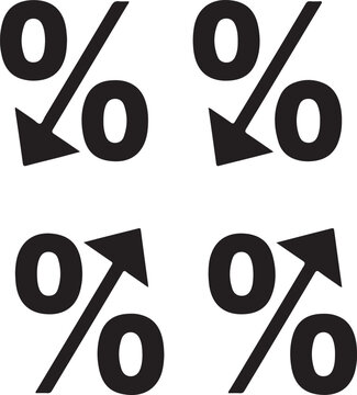 Set of black percentage signs with arrows indicating price increase and decrease for commercial marketing use