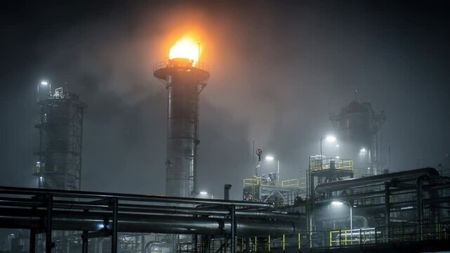 Medium shot of a flare stack burning offprocess gases enveloped in light fog creating a moody atmosphere with diffused flame light and an eerie industrial silhouette