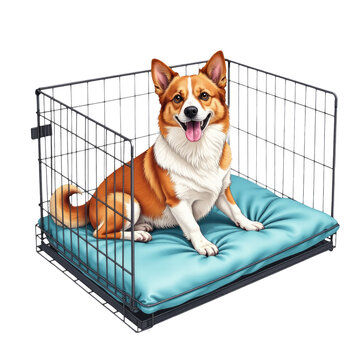 A brown and white dog sits comfortably in a wire cage, awaiting its fate
