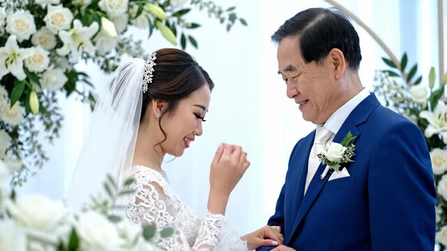 Asian bride and her father sharing an emotional moment at a wedding. Daughter wiping a tear while standing with her father at the altar. Family love concept