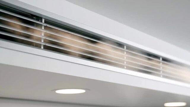 Air conditioning vent blowing cold air from a modern ceiling. Close-up of an HVAC system providing ventilation and climate control.