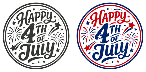 Obraz premium Happy 4th of july celebration badges with fireworks and stars isolated on transparent background