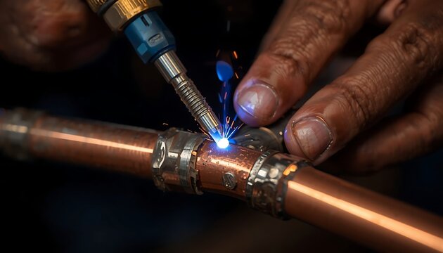 A close-up view of a torch brazing copper pipes together, creating a strong, leak-proof connection for plumbing systems.