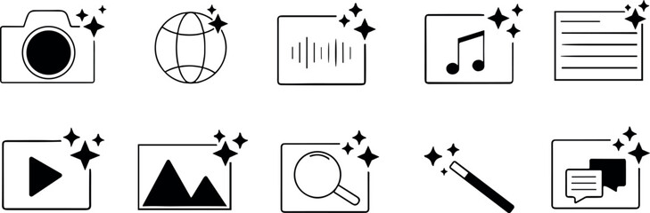 Minimalist linear black AI media generation icons set featuring magic wand camera video image and text symbols © arifa journal!