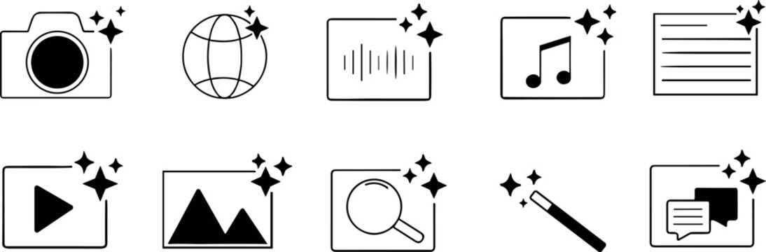 Minimalist linear black AI media generation icons set featuring magic wand camera video image and text symbols